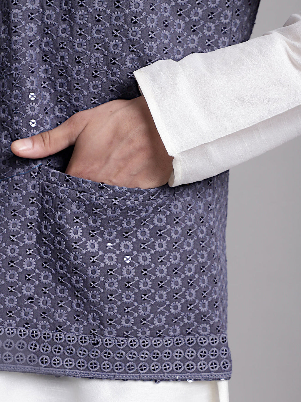 Jompers Men's Grey Sequins and Embroidered Nehru Jacket