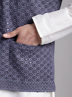 Jompers Men's Grey Sequins and Embroidered Nehru Jacket