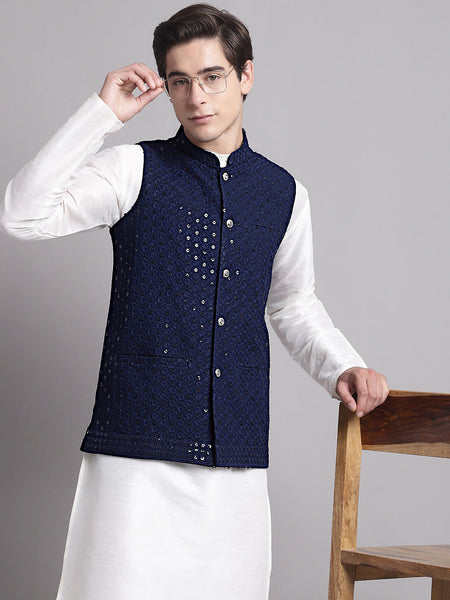 Jompers Men's Navy Blue Sequins and Embroidered Nehru Jacket