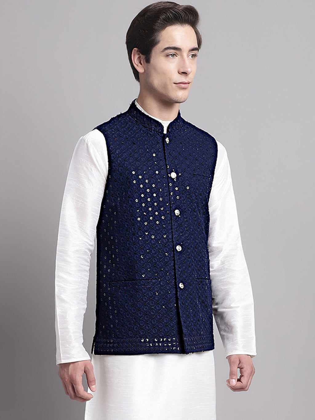Jompers Men's Navy Blue Sequins and Embroidered Nehru Jacket