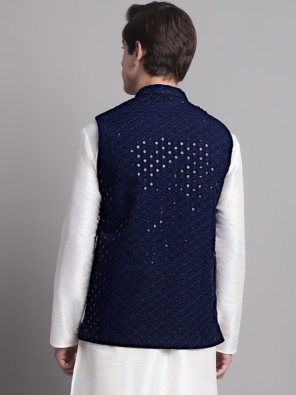 Jompers Men's Navy Blue Sequins and Embroidered Nehru Jacket