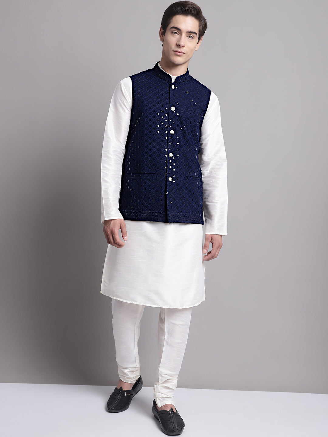 Jompers Men's Navy Blue Sequins and Embroidered Nehru Jacket