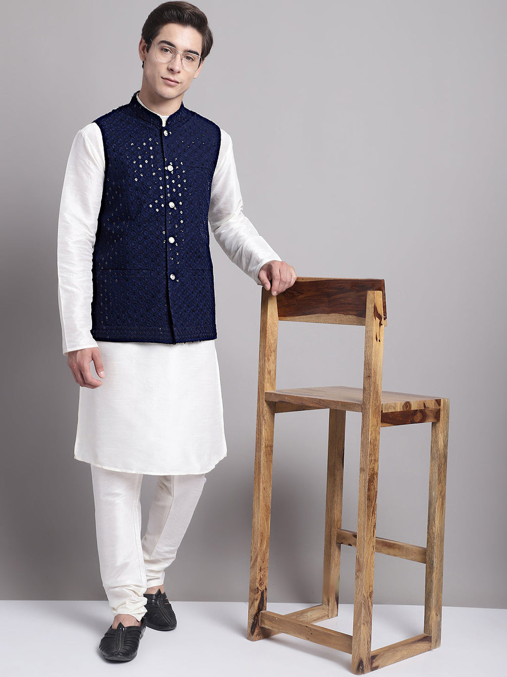 Jompers Men's Navy Blue Sequins and Embroidered Nehru Jacket