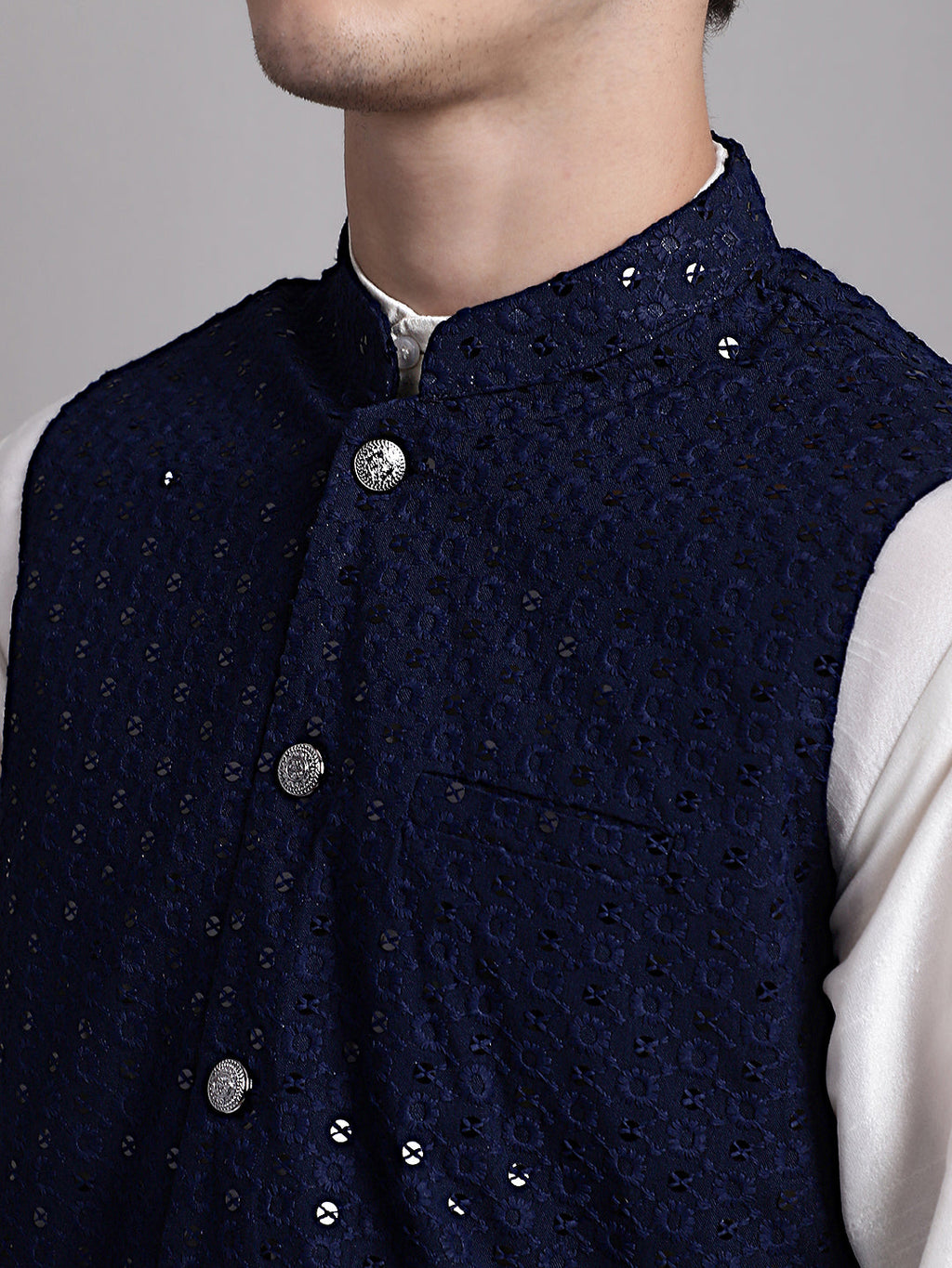 Jompers Men's Navy Blue Sequins and Embroidered Nehru Jacket