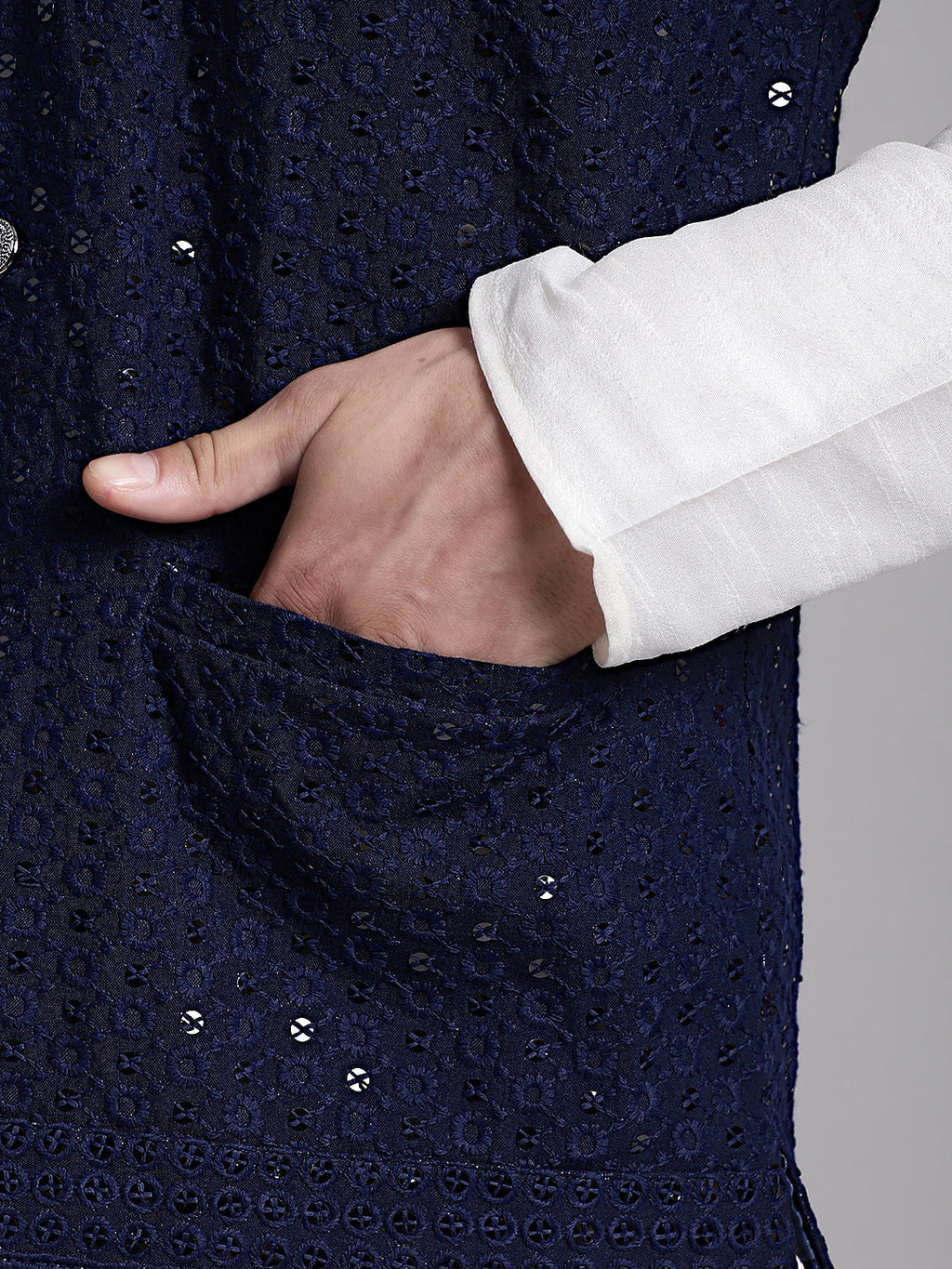 Jompers Men's Navy Blue Sequins and Embroidered Nehru Jacket
