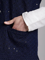 Jompers Men's Navy Blue Sequins and Embroidered Nehru Jacket