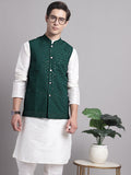 Jompers Men's Olive Green Sequins and Embroidered Nehru Jacket