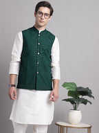 Jompers Men's Olive Green Sequins and Embroidered Nehru Jacket