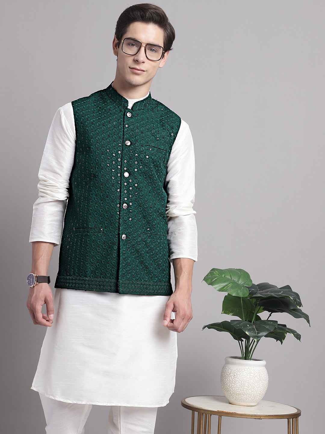 Jompers Men's Olive Green Sequins and Embroidered Nehru Jacket