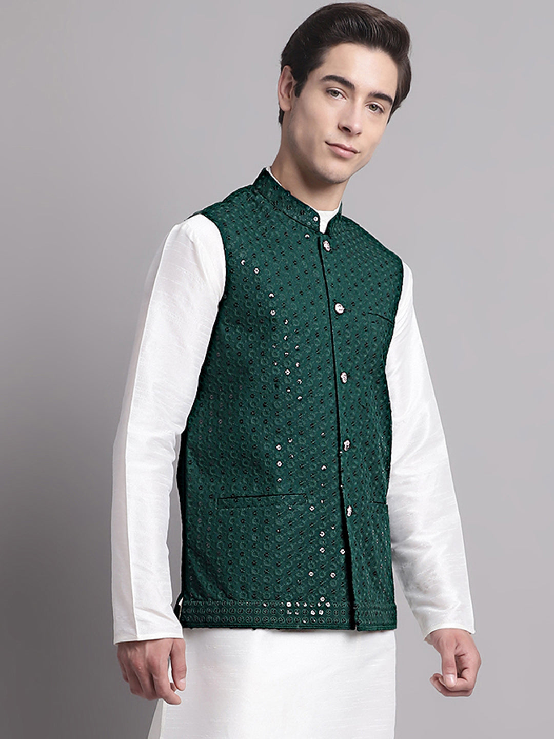 Jompers Men's Olive Green Sequins and Embroidered Nehru Jacket
