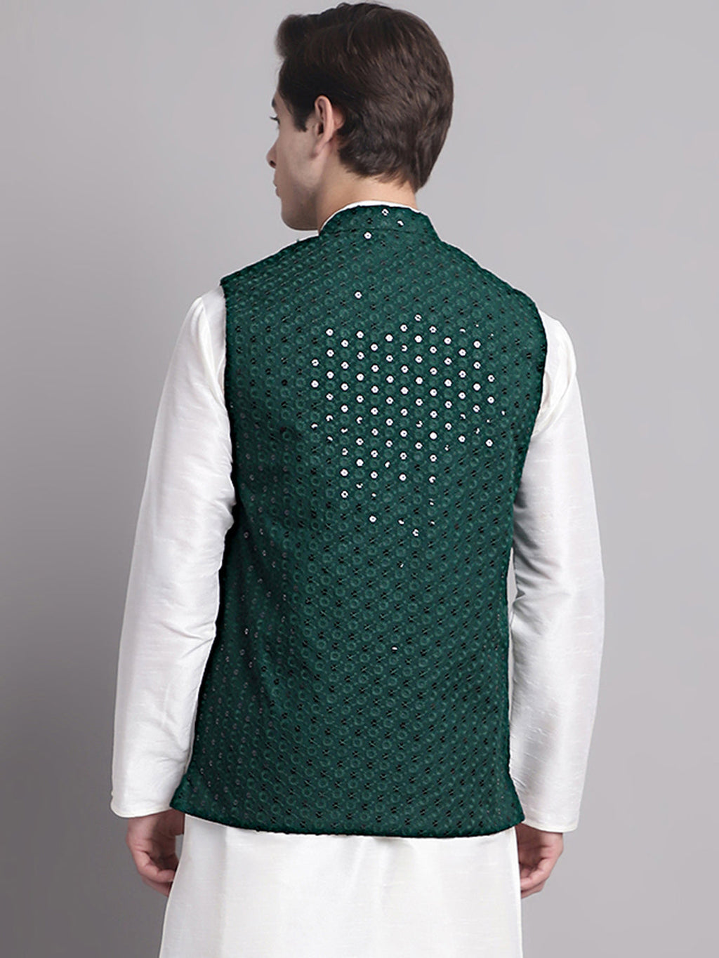 Jompers Men's Olive Green Sequins and Embroidered Nehru Jacket