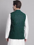 Jompers Men's Olive Green Sequins and Embroidered Nehru Jacket