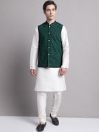 Jompers Men's Olive Green Sequins and Embroidered Nehru Jacket