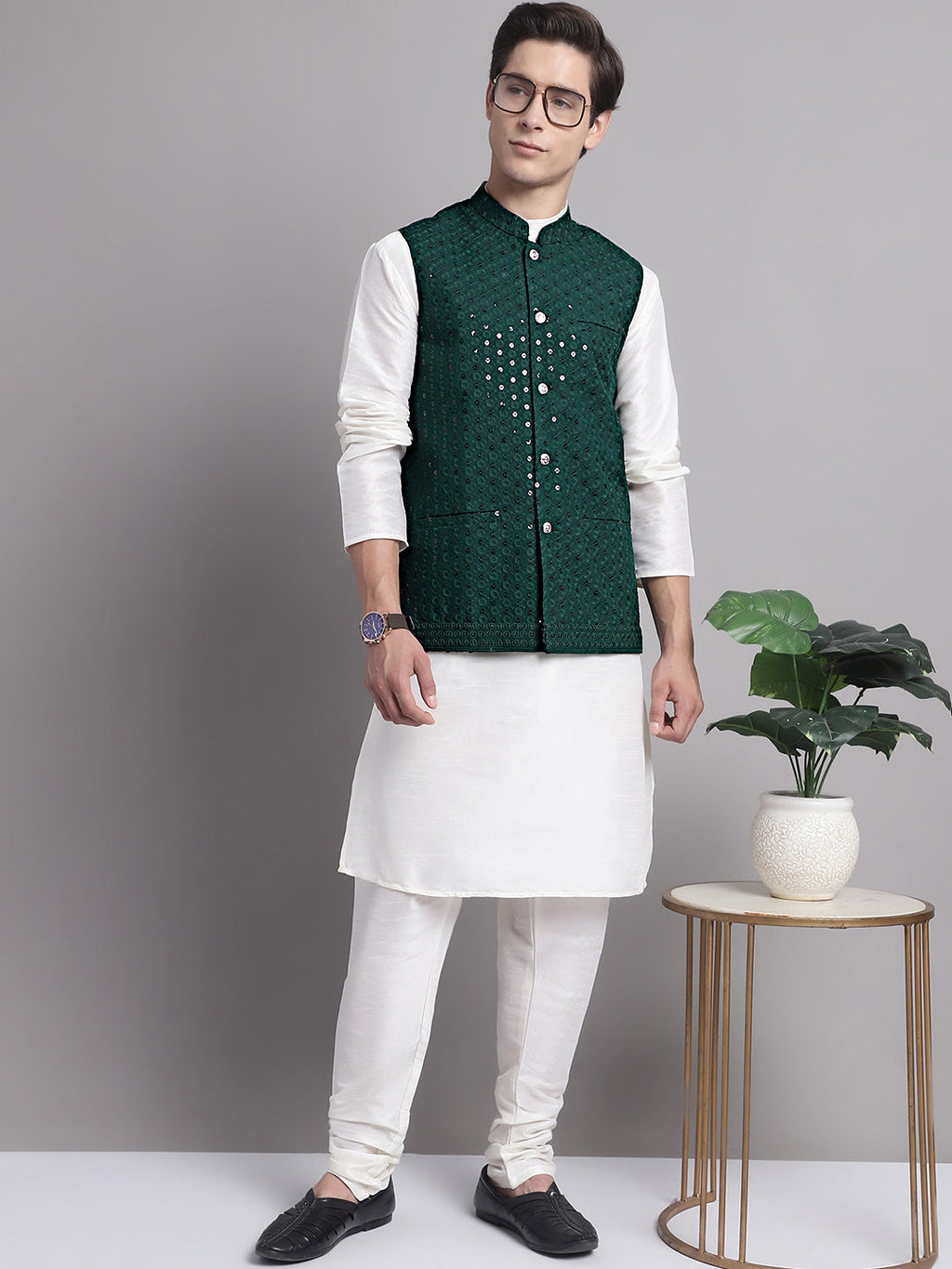 Jompers Men's Olive Green Sequins and Embroidered Nehru Jacket