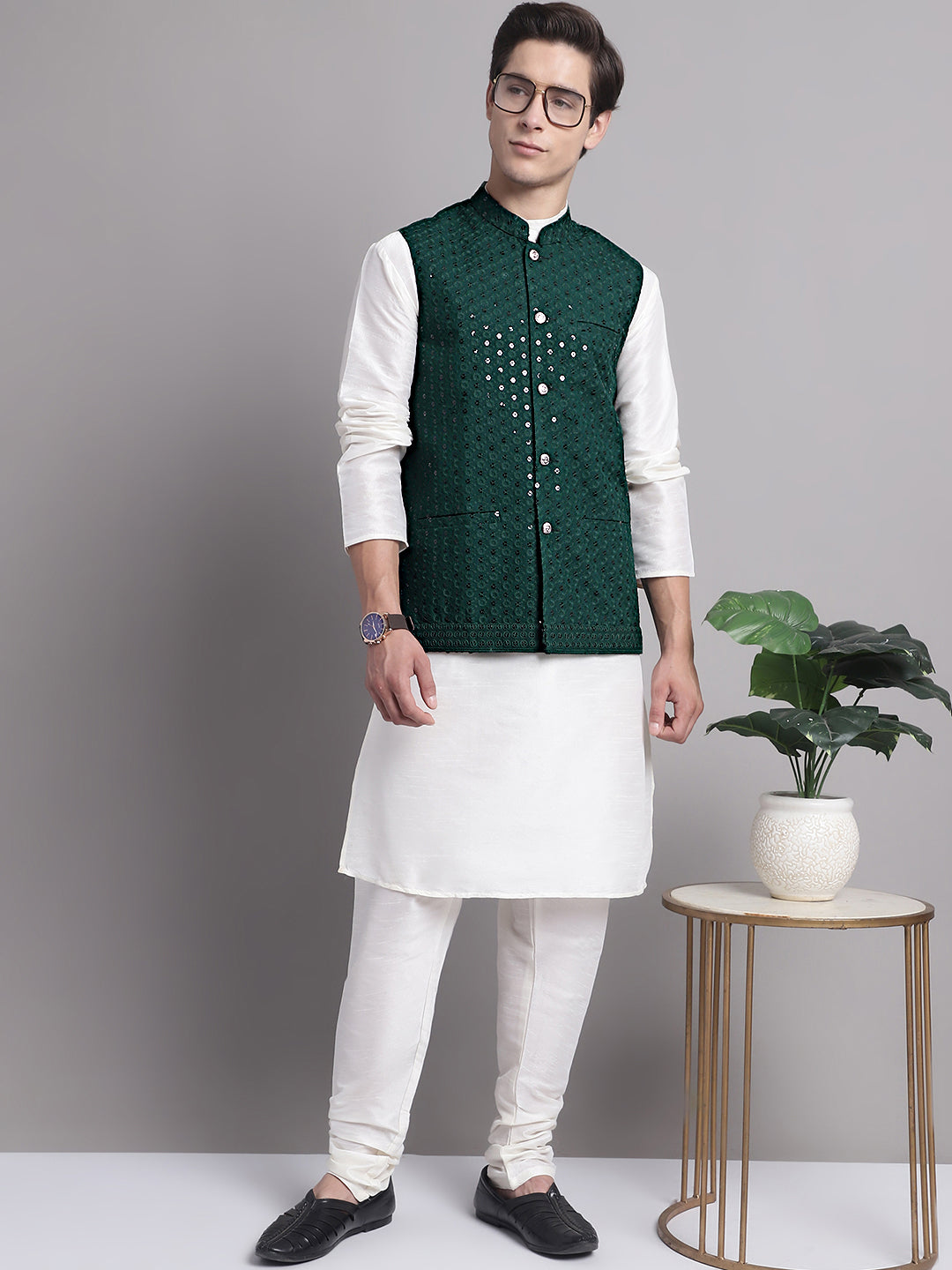 Jompers Men's Olive Green Sequins and Embroidered Nehru Jacket