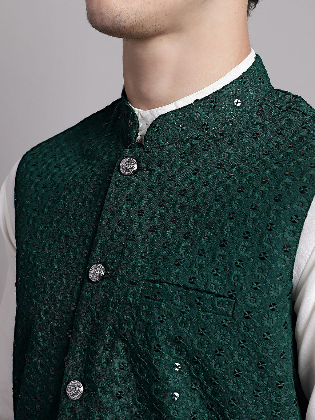Jompers Men's Olive Green Sequins and Embroidered Nehru Jacket