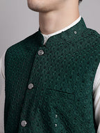 Jompers Men's Olive Green Sequins and Embroidered Nehru Jacket