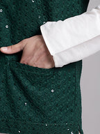 Jompers Men's Olive Green Sequins and Embroidered Nehru Jacket