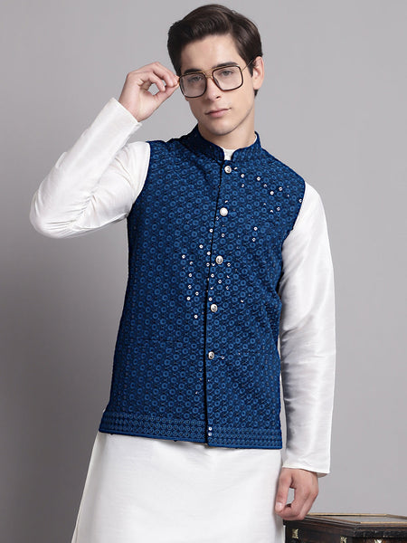 Jompers Men's Peacock Blue Sequins and Embroidered Nehru Jacket