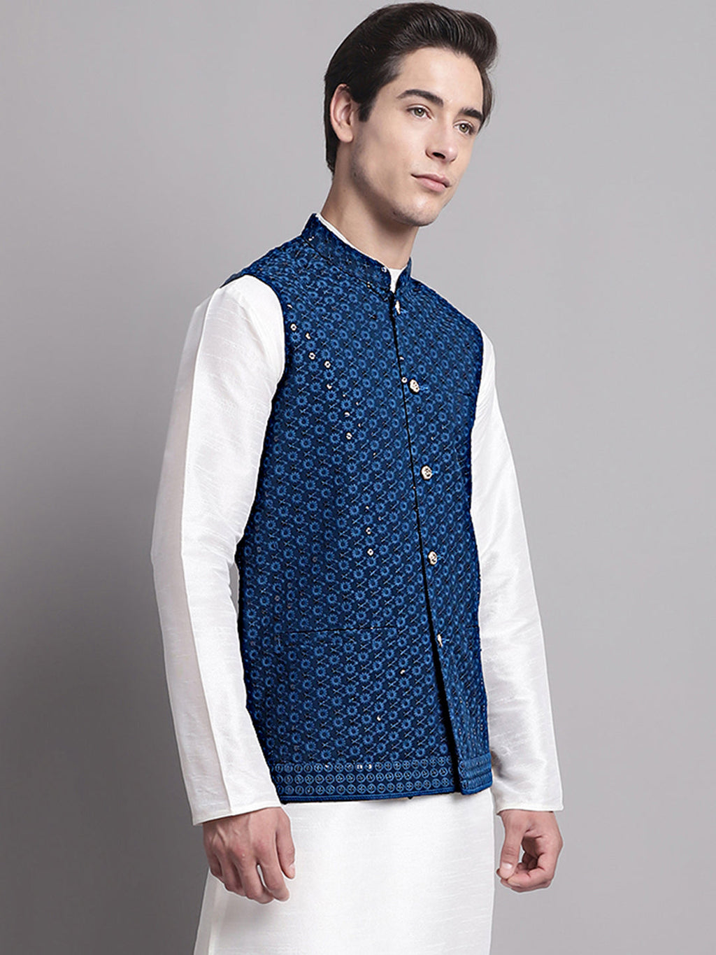 Jompers Men's Peacock Blue Sequins and Embroidered Nehru Jacket