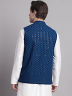 Jompers Men's Peacock Blue Sequins and Embroidered Nehru Jacket