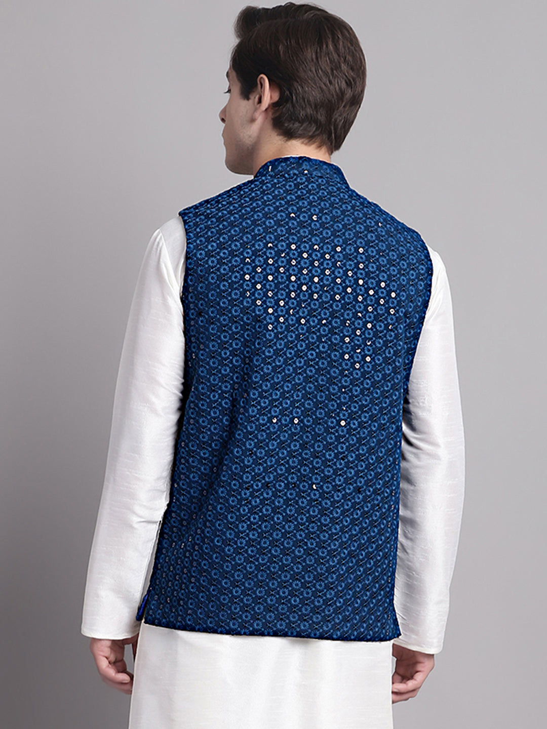Jompers Men's Peacock Blue Sequins and Embroidered Nehru Jacket