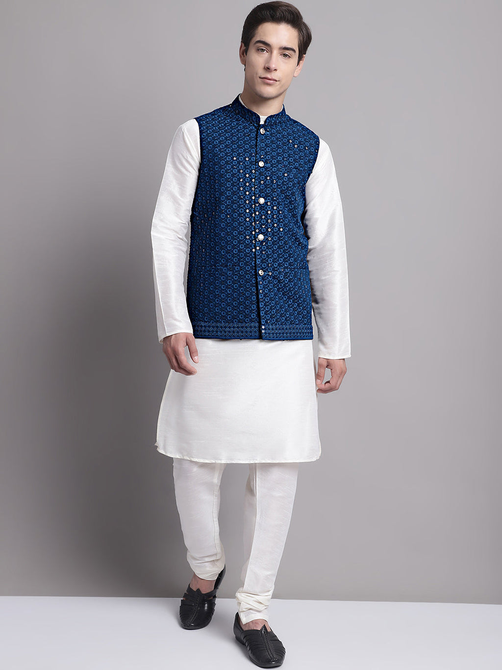 Jompers Men's Peacock Blue Sequins and Embroidered Nehru Jacket