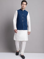Jompers Men's Peacock Blue Sequins and Embroidered Nehru Jacket
