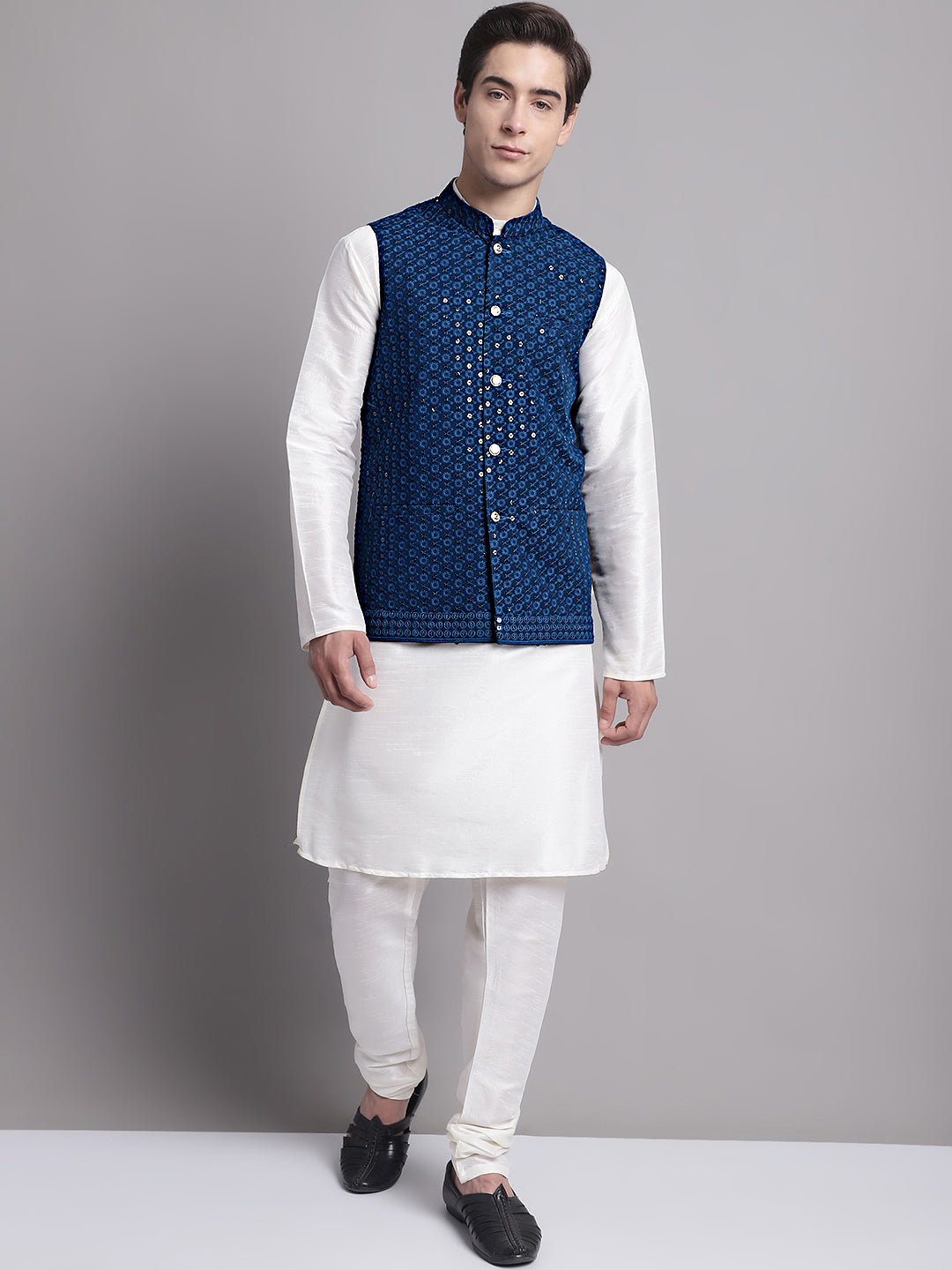 Jompers Men's Peacock Blue Sequins and Embroidered Nehru Jacket
