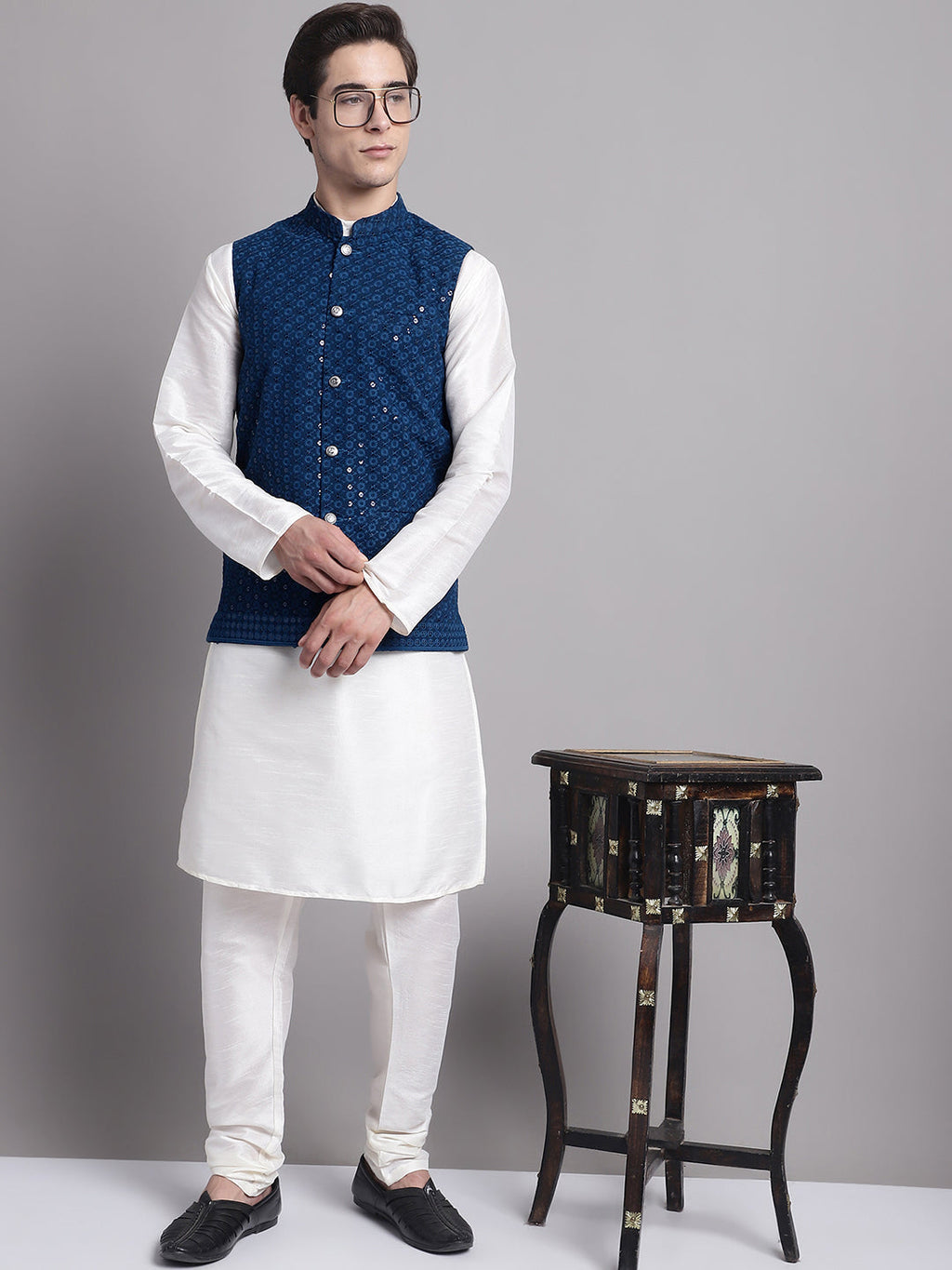 Jompers Men's Peacock Blue Sequins and Embroidered Nehru Jacket