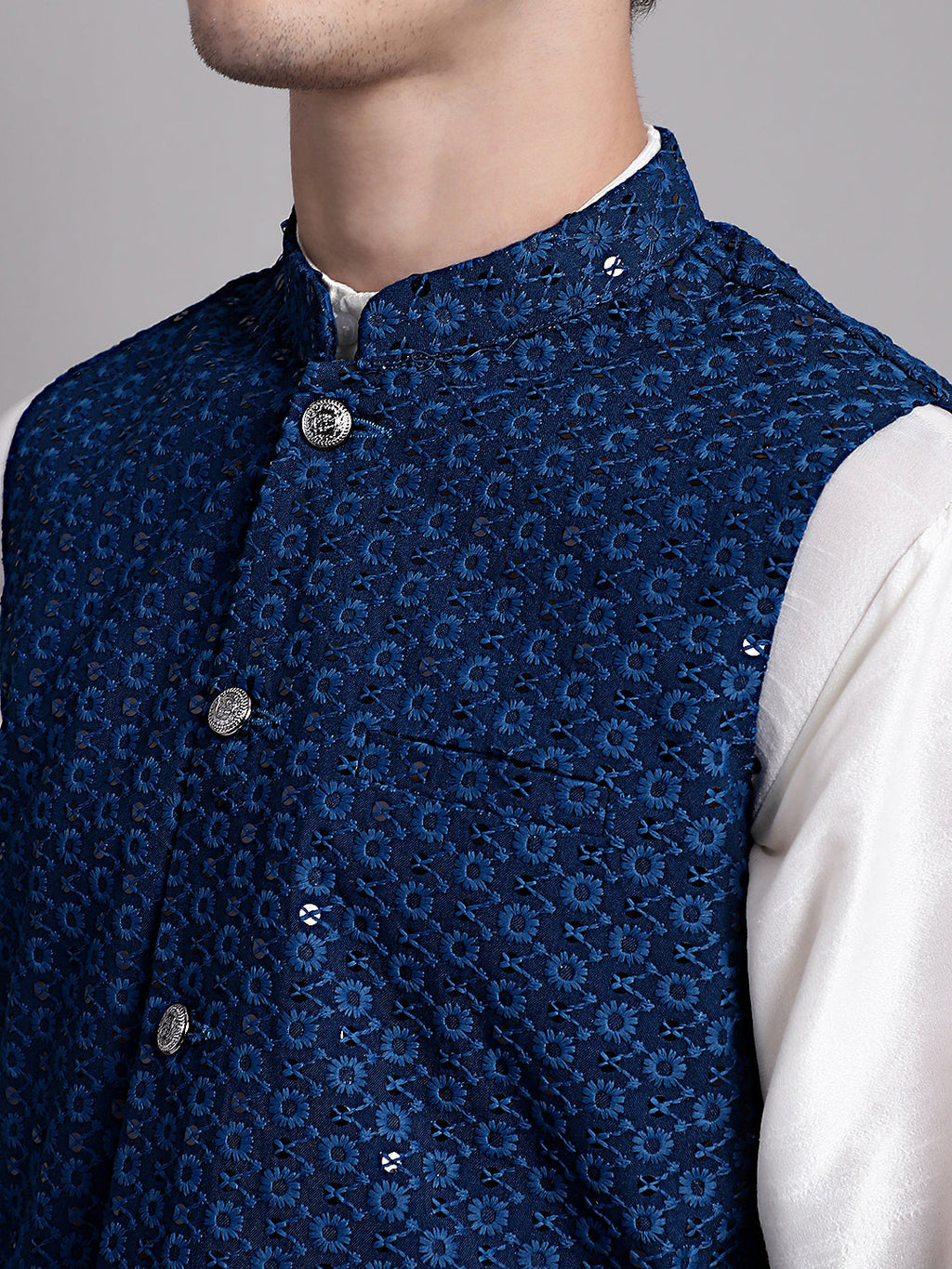 Jompers Men's Peacock Blue Sequins and Embroidered Nehru Jacket