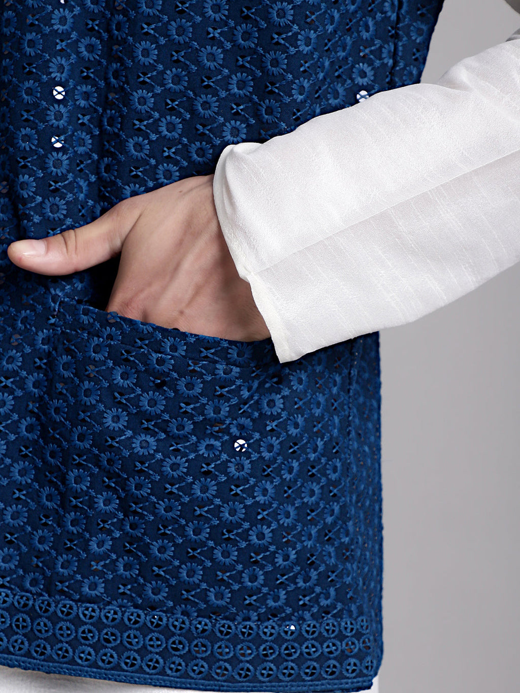 Jompers Men's Peacock Blue Sequins and Embroidered Nehru Jacket