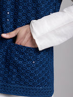 Jompers Men's Peacock Blue Sequins and Embroidered Nehru Jacket