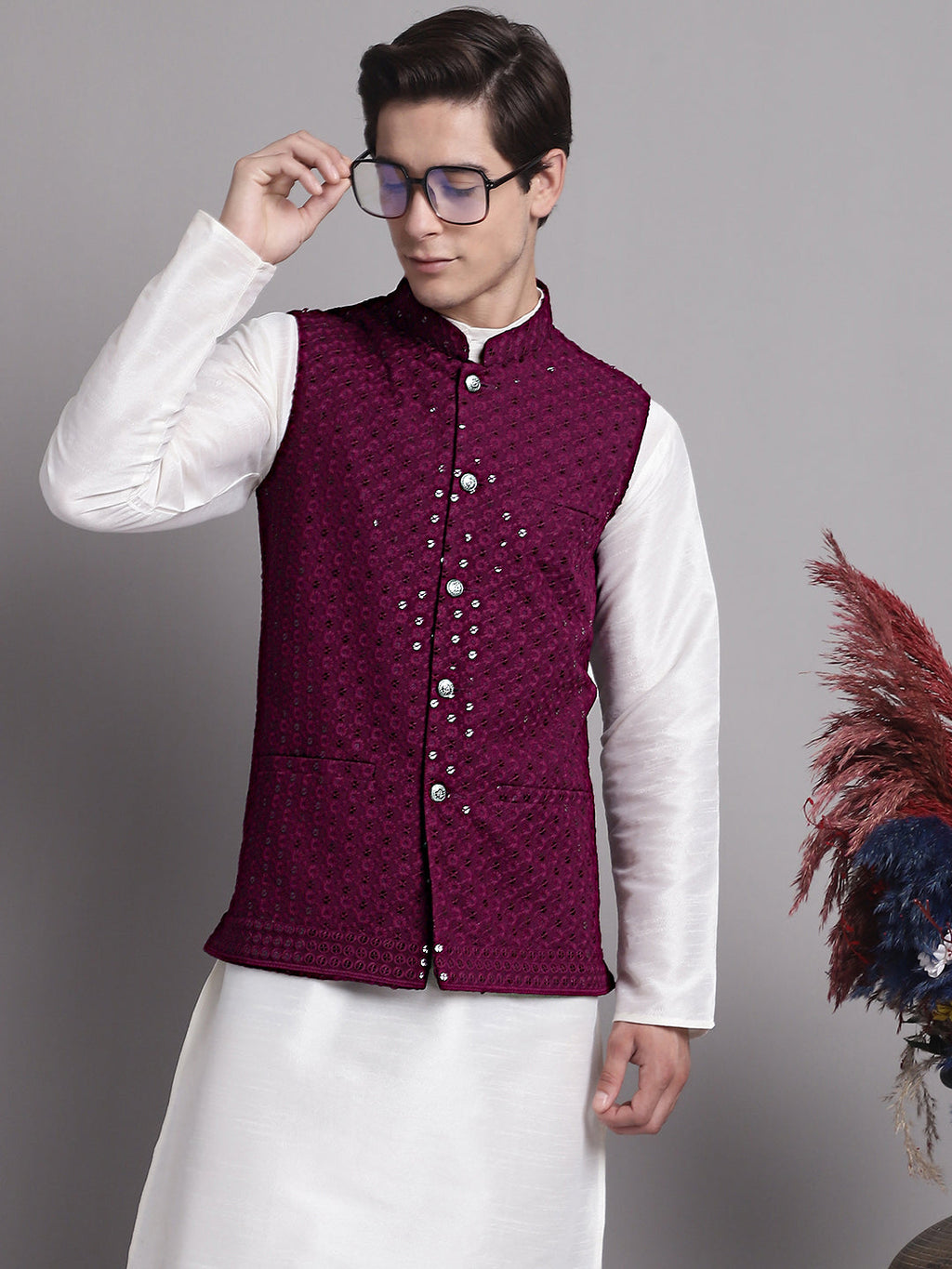 Jompers Men's Purple Sequins and Embroidered Nehru Jacket