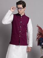 Jompers Men's Purple Sequins and Embroidered Nehru Jacket