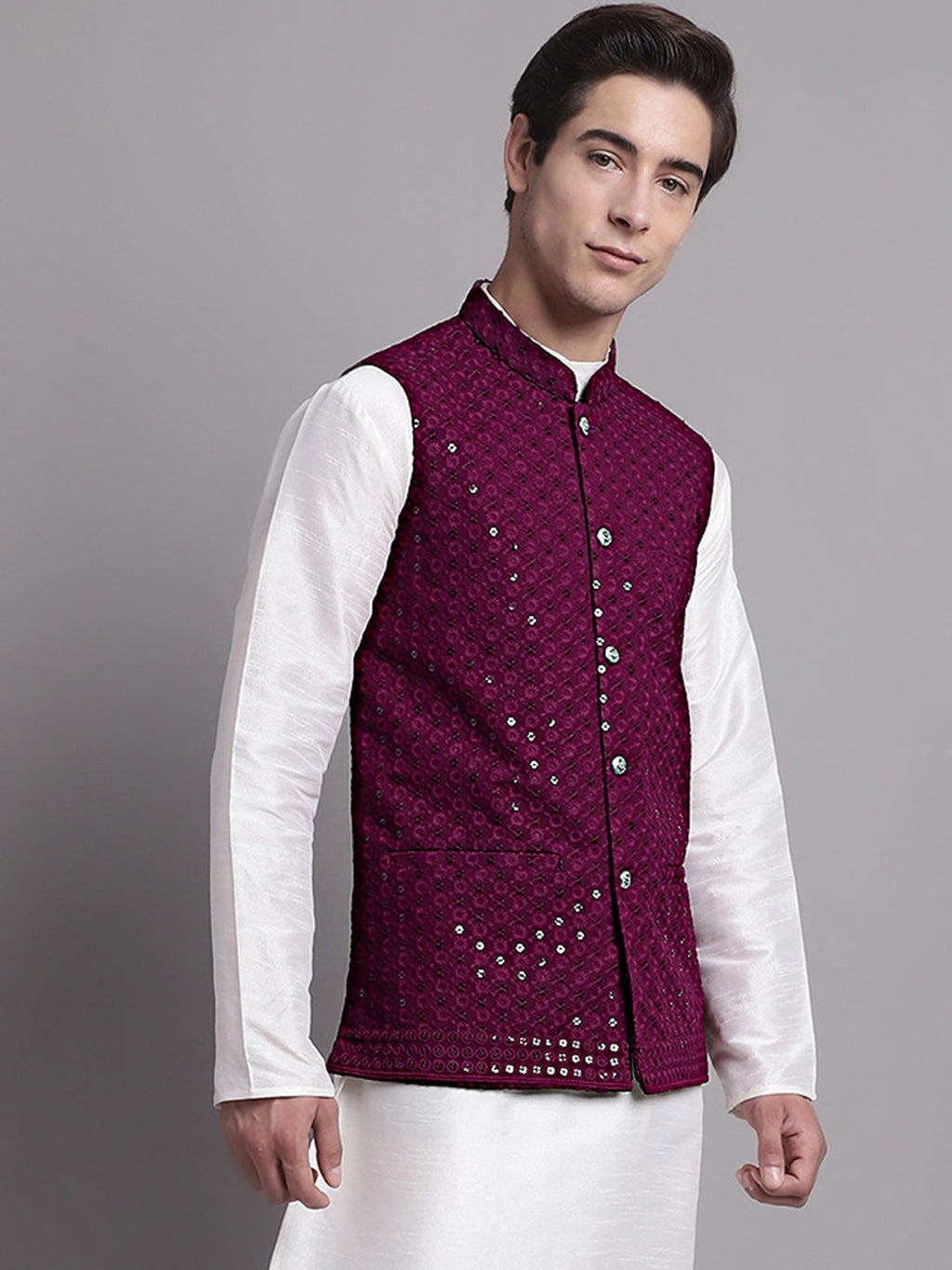Jompers Men's Purple Sequins and Embroidered Nehru Jacket