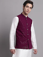Jompers Men's Purple Sequins and Embroidered Nehru Jacket