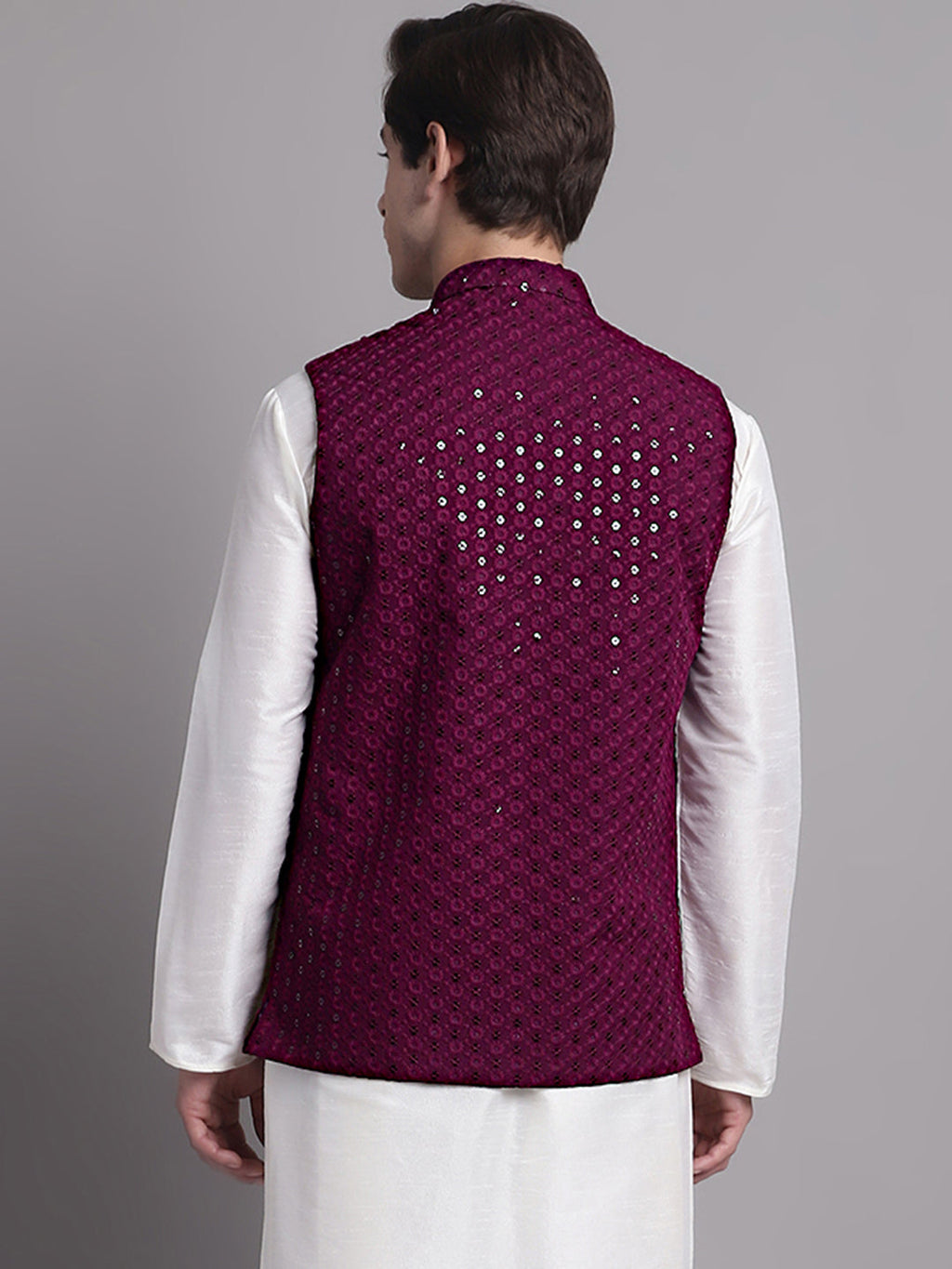 Jompers Men's Purple Sequins and Embroidered Nehru Jacket