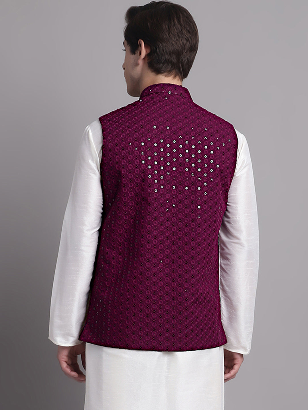 Jompers Men's Purple Sequins and Embroidered Nehru Jacket