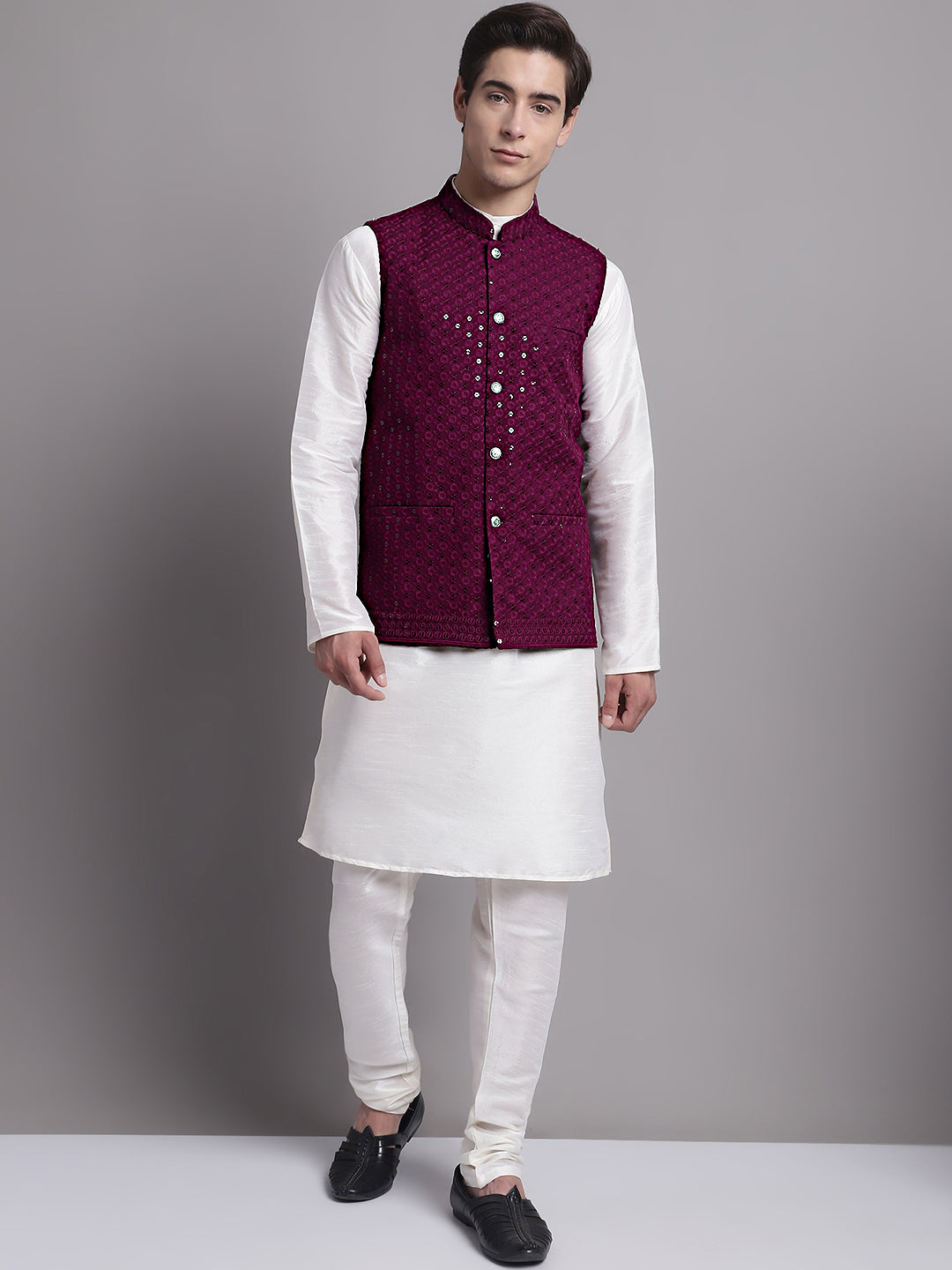 Jompers Men's Purple Sequins and Embroidered Nehru Jacket