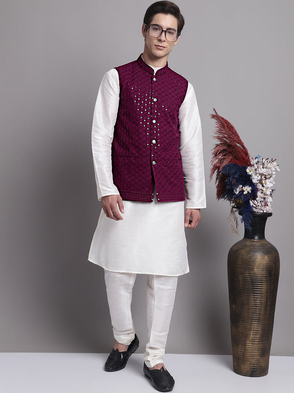 Jompers Men's Purple Sequins and Embroidered Nehru Jacket