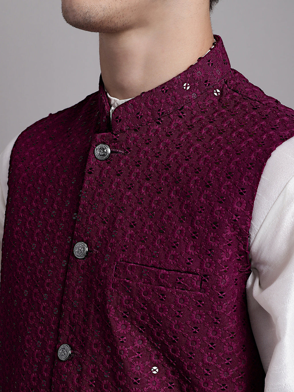 Jompers Men's Purple Sequins and Embroidered Nehru Jacket