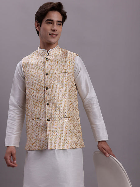 Jompers Men's Cream Woven Design Nehru Jacket With Solid Kurta Pyjama