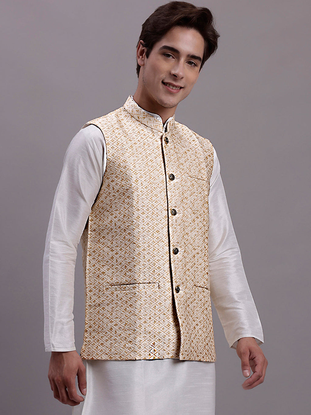Jompers Men's Cream Woven Design Nehru Jacket With Solid Kurta Pyjama