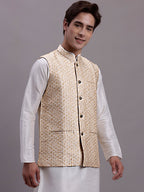 Jompers Men's Cream Woven Design Nehru Jacket With Solid Kurta Pyjama