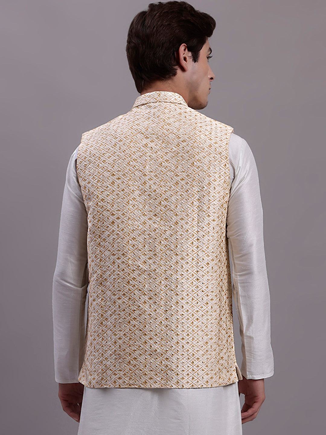 Jompers Men's Cream Woven Design Nehru Jacket With Solid Kurta Pyjama