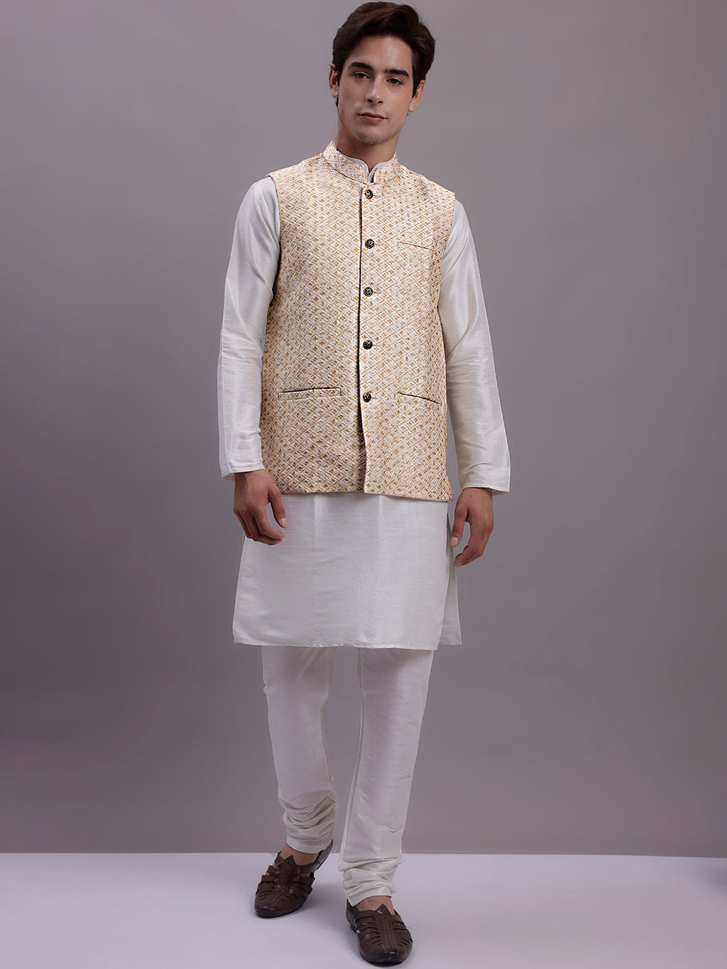 Jompers Men's Cream Woven Design Nehru Jacket With Solid Kurta Pyjama
