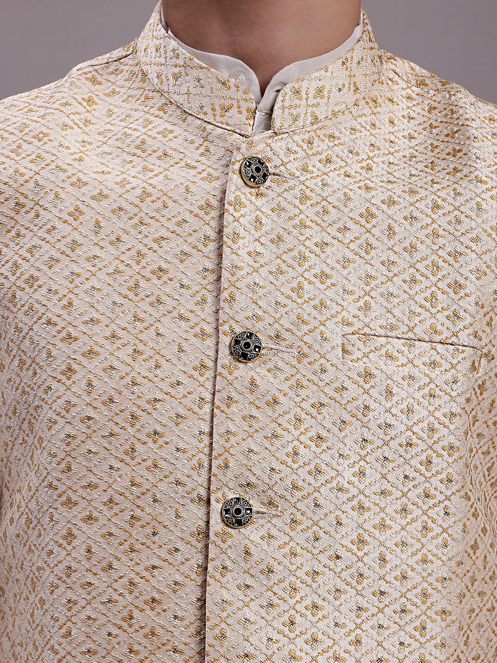 Jompers Men's Cream Woven Design Nehru Jacket With Solid Kurta Pyjama