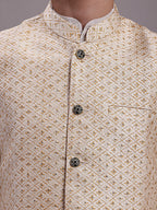 Jompers Men's Cream Woven Design Nehru Jacket With Solid Kurta Pyjama