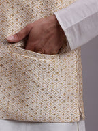 Jompers Men's Cream Woven Design Nehru Jacket With Solid Kurta Pyjama